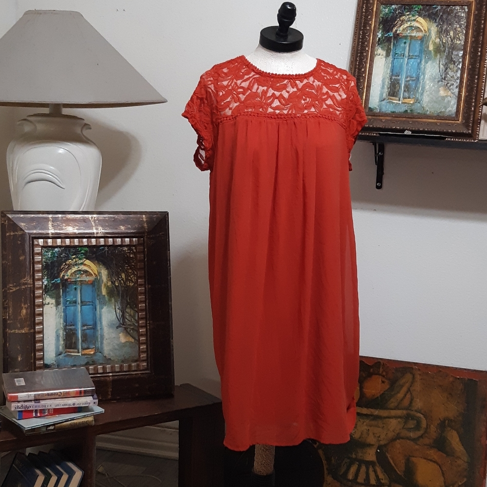 Womens Rusty Orange Dress Sz Medium Lace shortsleeve Reto 80s AUW